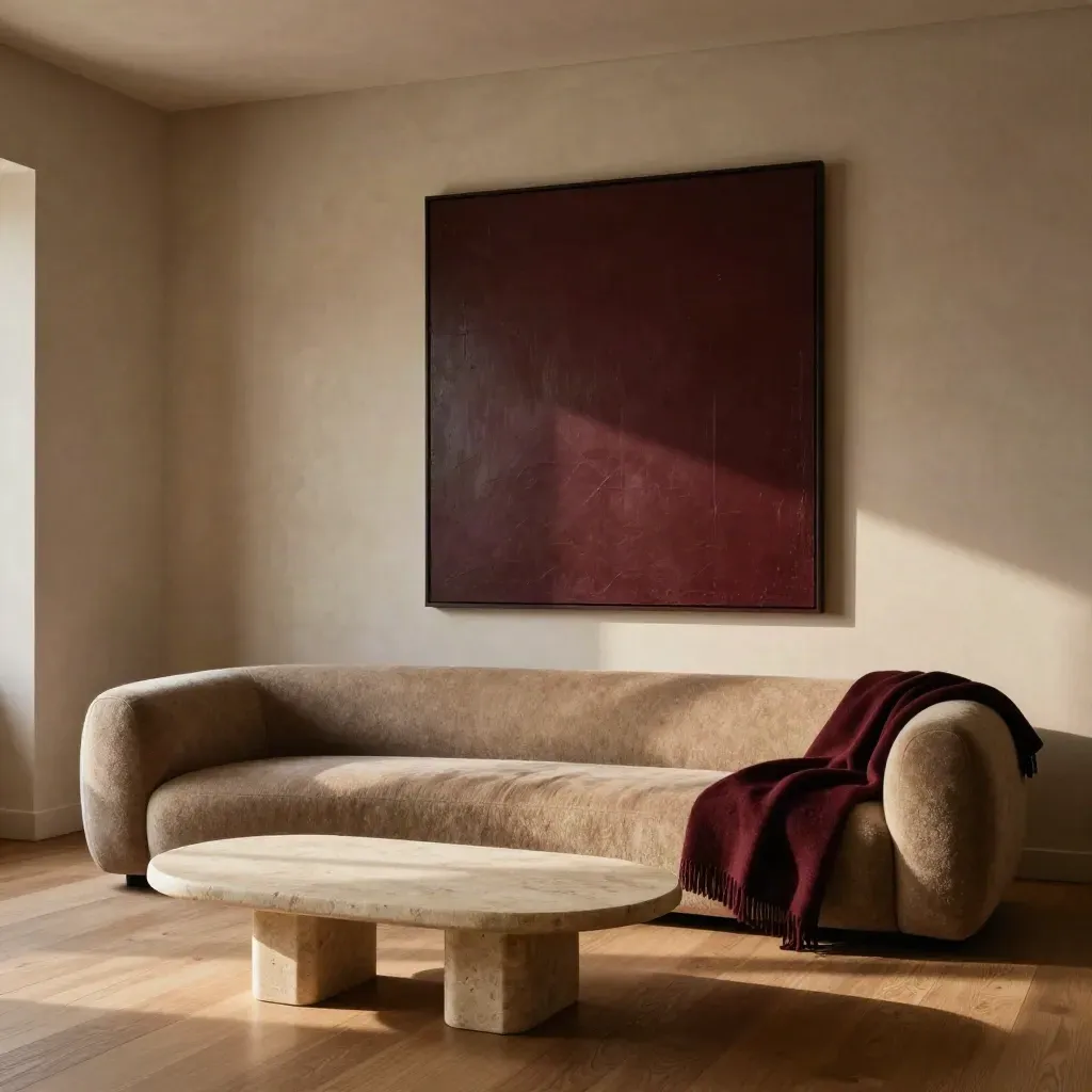 Living elegante da collezionista con opera grande, divano scultoreo, tavolino in pietra e plaid bordeaux.