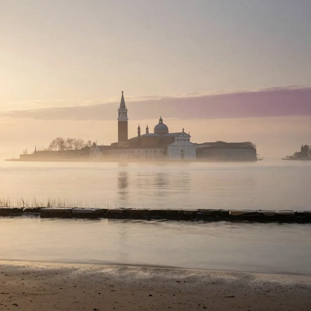 Laguna di Venezia all’alba con San Giorgio Maggiore tra nebbia salmastra.