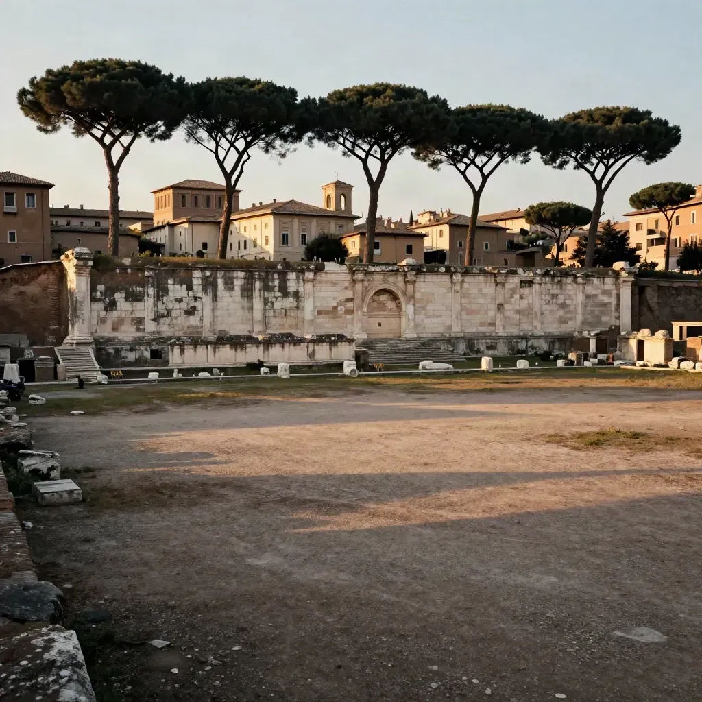 Paesaggio del Lazio con Foro Romano e pini, su pietra e terra morbide al mattino.